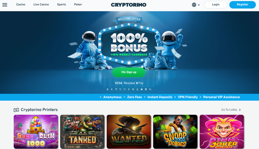 Cryptorino crypto casino logo – high bonus offers and promotions for Bitcoin casino users in the US.